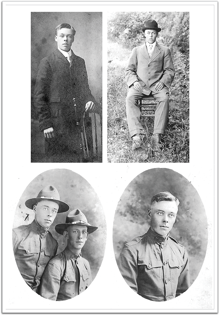 Halvor Bjugsson, Anlaug's little brother, as a young man and as a new infantry recruit in 1918  (identity of accompanying soldier unknown). Halvor was born in 1894 and died in France on November 24, 1918.