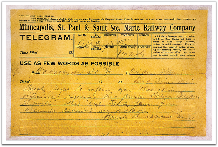 Telegram from the War Department received by Anna Flateland notifying her of brother  Halvor Bjugson’s death in France during the closing days of World War I. The telegram appears  to be dated December 6, even though the telegram says that Halvor had died on October 24.