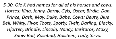 5-30. Ole K had names for all of his horses and cows. Horses: King, Jenny, Barny, Gyls, Oscar, Birdie, Dan, Prince, D...