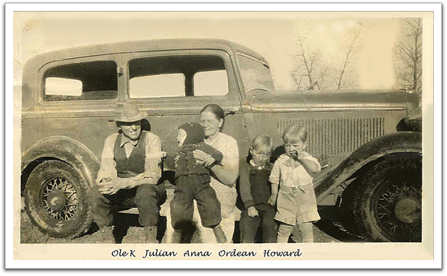 Ole K, Julian Gunderson, Anna, Arley & Howard Flateland sitting on the running board of Ole K’s 1933 or ’34 Plymouth. Photo taken in 1936 or 1937.