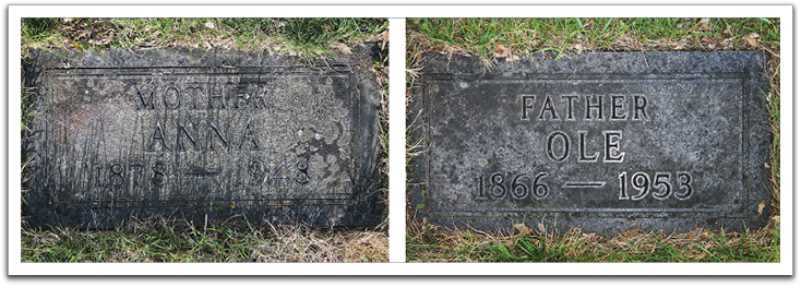 Grave markers at Sand Valley Lutheran Church cemetery, Trail, MN, for Anna Flateland, 1878-1948, and Ole K Flateland, 1868-1953.