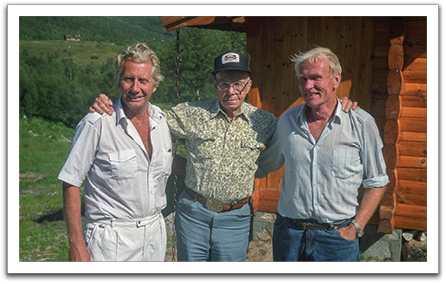Oscar Flateland, center, with Olav Sagneskar, a cousin who lives in Valle, Norway, on the left, and a distant cousin from Oslo on the right who owns the “hytte” or tourist hut in the background. Photo from summer, 1990.