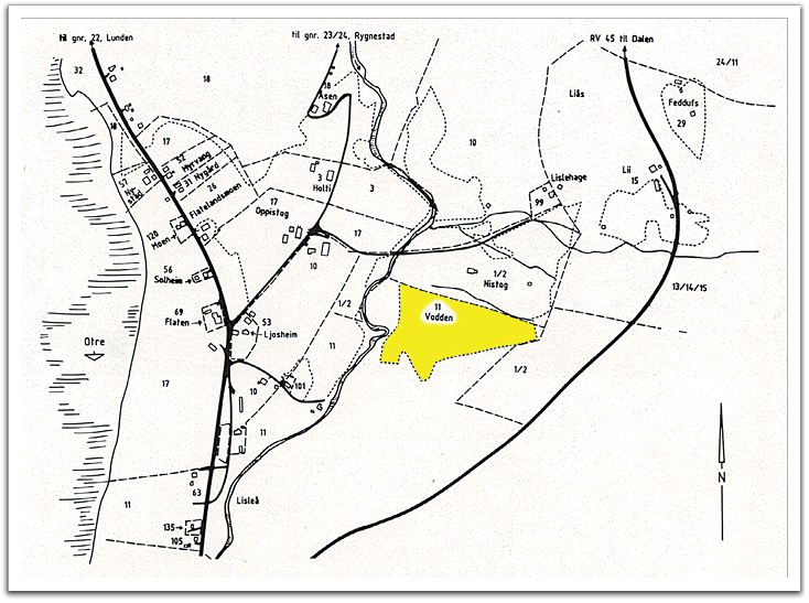 "Vodden,” the farm where Ole K Flateland grew up, is highlighted on this map of the "Flateland" area in Setesdal, Norway.