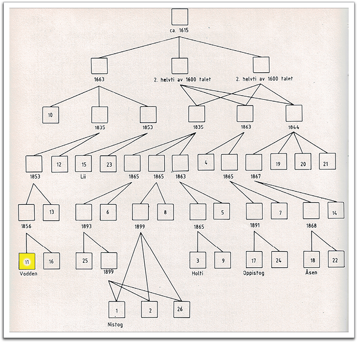 Land records show how the original "Flateland" farm was split into present-day farms through sale, inheritance, and probably foreclosures between 1615 and 1900. "Vodden" was split off as farm no. 11 in 1856, as shown in the lower left corner above.