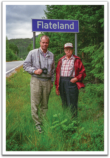 Along the main highway in Flateland today,  the location is marked with a sign. Oscar Flateland and son Byron in 1996.  Photo by Crystal Flateland.
