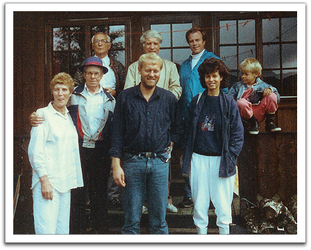 Flatelands: Back, L-R: "Little Olav,” Tarjei, and Byron.  Front, L-R: Mrs. Olav, Oscar, Gunnar, wife Sissel (‘Sissy’), and son.  Gunnar inherited Vodden farm in 1973.  Photo made in 1988 by Helen Flateland. At that time, Olav and wife and Gunnar and family lived in Kristiansand; Tarjei is a distant relative from Oslo, and Oscar and Byron were visiting from the US.