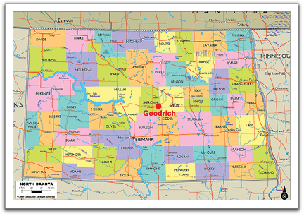 Map of North Dakota highlighting the location of the Goodrich area where George and Maggie were raised.
