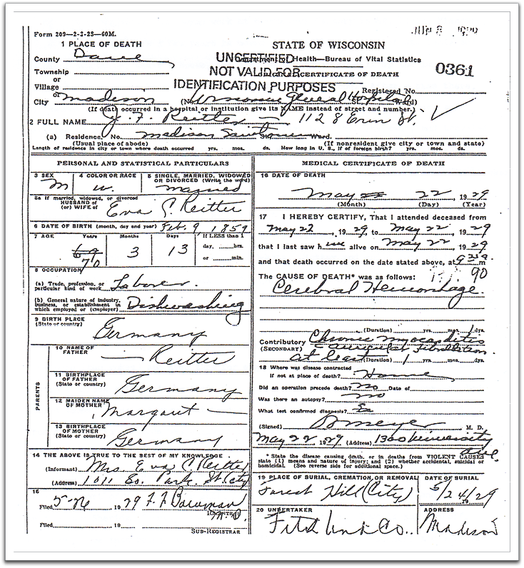 Death certificate of John Fredrick Reitter, May 22, 1929, Madison, Wisconsin.