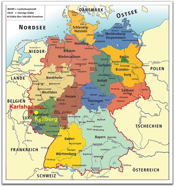 Modern-day map of Germany showing the two areas from which Maggie's grandparents had emigrated in the 1800s.