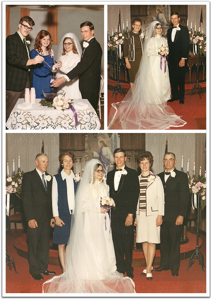 Wedding of Bonnie Brekke & El Rio Wishard, November 15, 1971. Clockwise from left: Byron & Jill Flateland, Bonnie & Rio; Maggie Van Tassel, Bonnie & Rio; Norris & Leona Brekke, Bonnie & Rio, Irene & Bud Wishard.