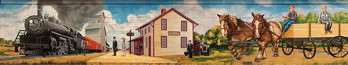 A wall mural from Oklee's centennial celebration in 2010 depicting the town's railroad roots and the drayage service of Tom Toulouse (pictured on the next page), assisted by Omar Boucher.