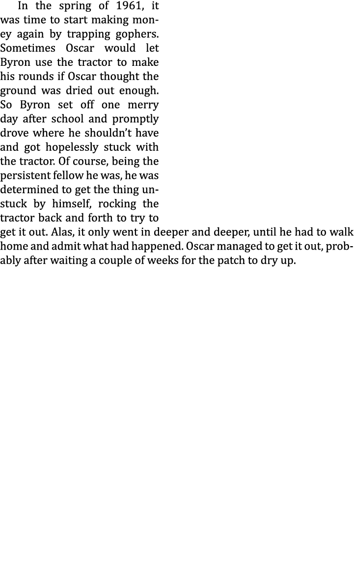 In the spring of 1961, it was time to start making money again by trapping gophers. Sometimes Oscar would let Byron u...