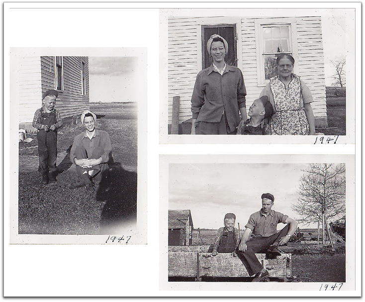 Out on Ole K and Anna's farm, clockwise from left: Bruce Tinnesand and Helen; Helen, Bruce, and Anna; Bruce and Oscar.