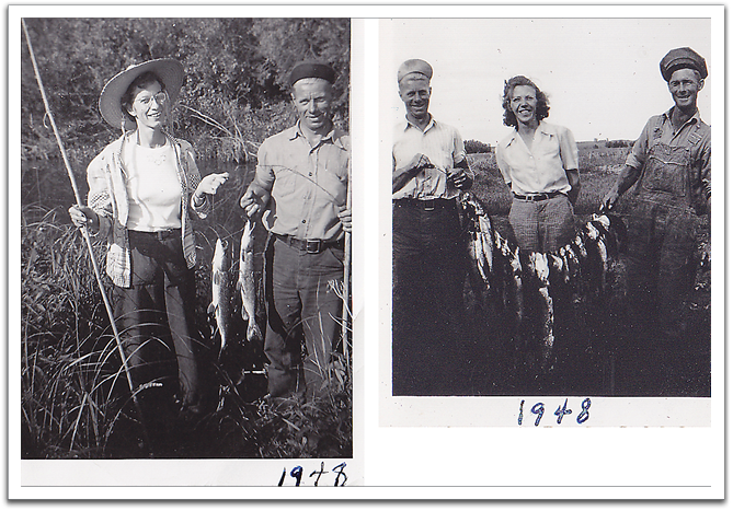 Oscar and Helen with their bamboo fishing pole;  Oscar with Dora and Vernon Swanson and their big catch.