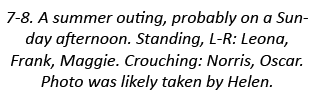 7-8. A summer outing, probably on a Sunday afternoon. Standing, L-R: Leona, Frank, Maggie. Crouching: Norris, Oscar. ...
