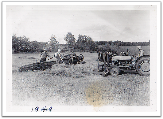 Haying in summer, 1949, probably on Norris & Leona's farm.  L-R: Oscar, Norris, Leona on tractor.