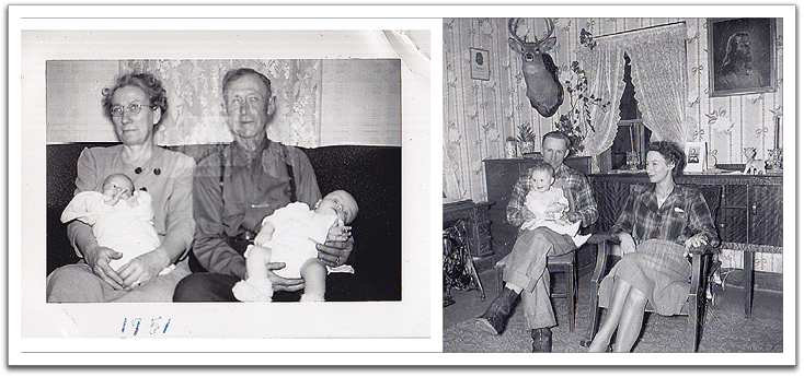 Grandma Maggie and step-granddad Frank Van Tassel with the two grandchildren. Norris and Leona Brekke with Bonnie. Both photos taken at the Van Tassel's house in Trail.