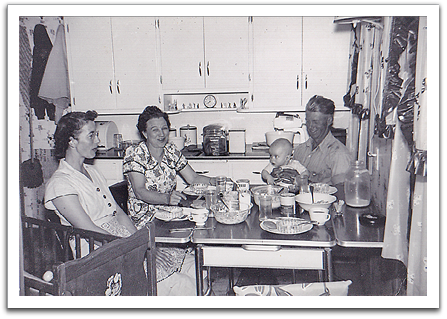 Helen, Ida Flateland, Byron, and Oscar in Oscar and Helen's kitchen, summer, 1951.
