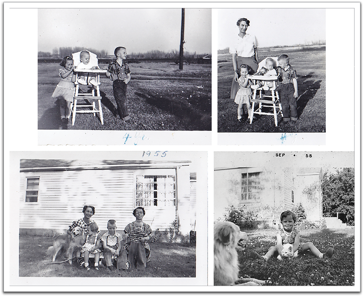 Top: Bonnie, Myles, Byron and Leona on November 14, 1954, Byron's fourth birthday. (It's remarkable that there's no snow yet). Bottom: Sporty, Leona, Bonnie, Byron, Helen, and Myles in front of Leona's house; Bonnie with her two pets.