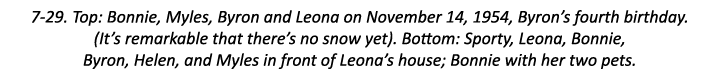 7-29. Top: Bonnie, Myles, Byron and Leona on November 14, 1954, Byron’s fourth birthday. (It’s remarkable that there’...