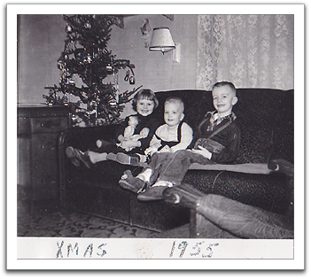 Bonnie, Myles, and Byron, Christmas, 1955.