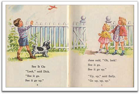 First-grade level Dick, Jane, and Sally reader.