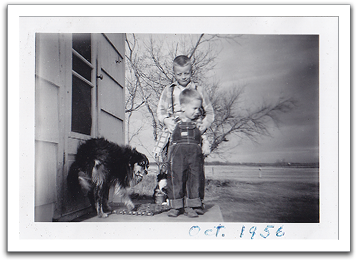 Byron & Myles with dog Laddie, October, 1956.