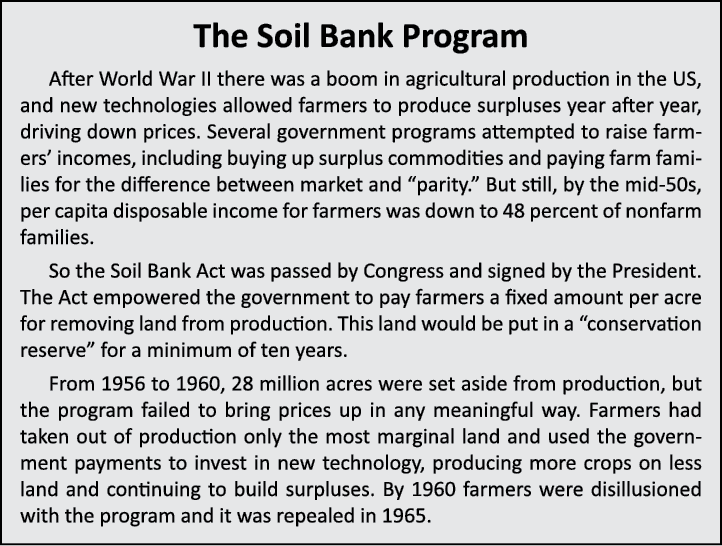 The Soil Bank Program After World War II there was a boom in agricultural production in the US, and new technologies ...