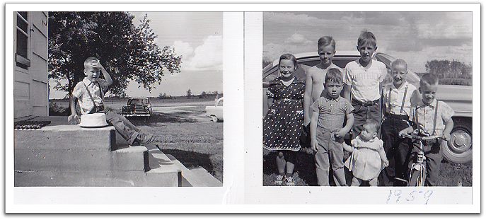 Left: Myles on his fifth birthday, 1959. Right, back row: Bonnie, Byron, cousins Bradlee & Annette, Myles. Front row: Howard Jr (Rocky) & Joyce, cousin Howard Flateland’s kids.