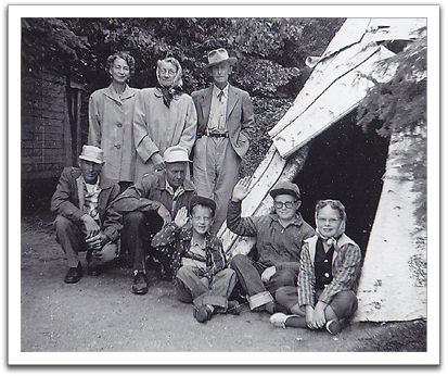 A visit to Itasca State Park, spring, 1961.  Standing, L-R: Leona, Maggie, Frank.  Crouching, sitting: Norris, Oscar, Myles, Byron, Bonnie.