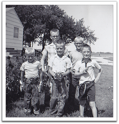 Myles' 7th birthday party.  Back: Byron, friend Mickey Lee from Oklee.  Front: Gary Lee, Myles, Francis Bergeron.