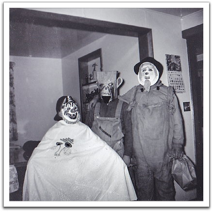 Myles, Byron, and Galen Sordahl decked out for  trick-or-treating, Halloween, 1961.