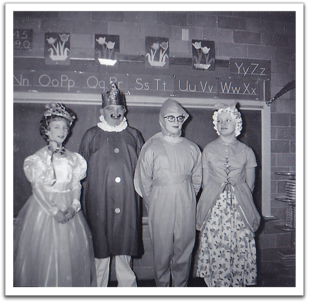 Operetta costumes, early 1962. L-R: Sandra Groven, Galen Sordahl, Byron, Elizabeth Asselin.
