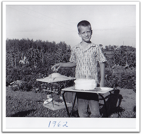 Myles with his new parakeet and cage, on his 8th birthday, August 16, 1962.