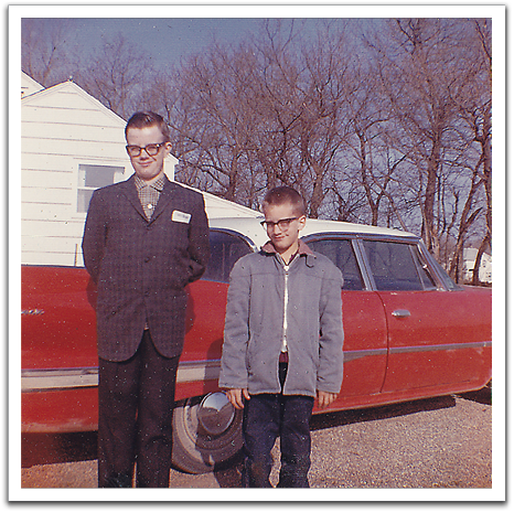 Byron & Myles in front of 1960 Dodge Dart, the family's first car purchased as new, autumn, 1963.