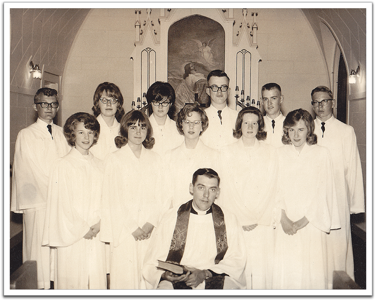 Back row, L-R: Mickey Lee, Betty Johnson, Virginia Lerohl, Byron Flateland, Norman Olson, Dale Spong.  Front row, L-R: Sandra Groven, Karen Olson, Susan Hegge, Jill Williams, Ramona Stoneouse. Front: Rev. Amundson.