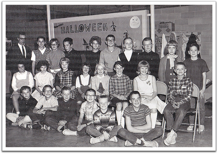 Myles' 6th grade class, 1965-'66. Back row, L-R: Mr. La Coursiere, Judy Plante, Donna Fossum, Bernard Plante, Ludeen Jensen, Jimmy Lessard, Valerie Asselin, Gary Spong, Fern Solheim, Milton Grover.  Middle row, L-R: Debbie Turgeon, Wendy Williams, Annette Nelson, Connie Longtin, Carol Bergerson, Sharon Sebenaler, Donna Torkelson, Lawrence Birkland.  Front row, L-R: Bobby Brekke, Myles Flateland, Tommy Kolstoe, Ronald Rusten, Arnie Stenberg, Rolland Paquin.