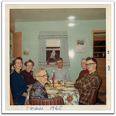 Christmas dinner at the Brekkes, 1965.  L-R: Helen, Maggie, Turine Brekke, Oscar, Frank, Byron.
