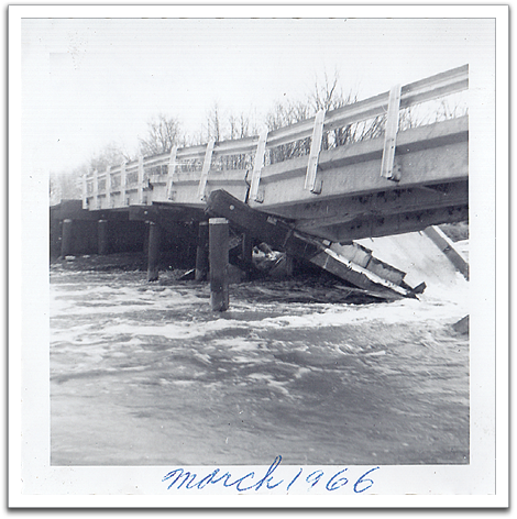 The bridge on the Lost River by Tomine Moen's farm that was ruined by a large chunk of ice taking out several vertical supports, March, 1966. This location was about two miles from the Flateland farm.