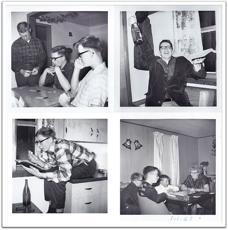 New Year's Eve, 1966, clockwise from upper left: Oscar showing the boys one of the finer points of poker; Mike Sletto; Gary Spong, Myles, Gary Lee, Tomine Moen; Dale Spong.