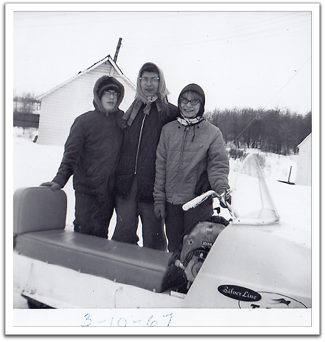Snowmobiling March 10, 1967: Myles, Helen, Bonnie.