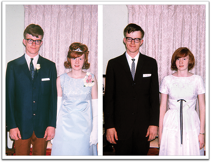 L-R: Byron & Jill in May, 1967, ready to attend the Oklee High School prom as juniors; B & J before the 1967 homecoming ball as seniors. Both photos by Jill’s mother Rosemary in the family’s living room.