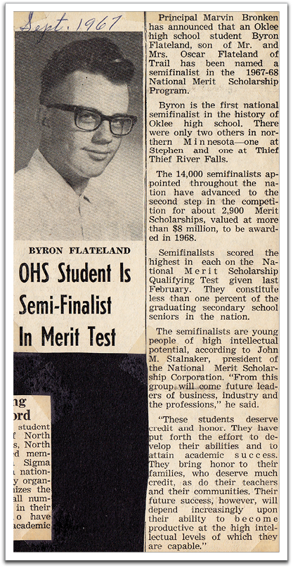 Article from the Oklee Herald, September, 1967,  about Byron's selection as a National Merit Scholarship semifinalist.
