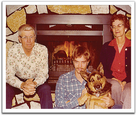 Oscar, Myles, Pansy, Helen, on visit to Jill & Byron’s, in front of the new fireplace insert Byron had recently installed, December, 1976. Pansy had been added to the family as a pup when Jill & Byron lived in Gulfport, MS, in early 1975.