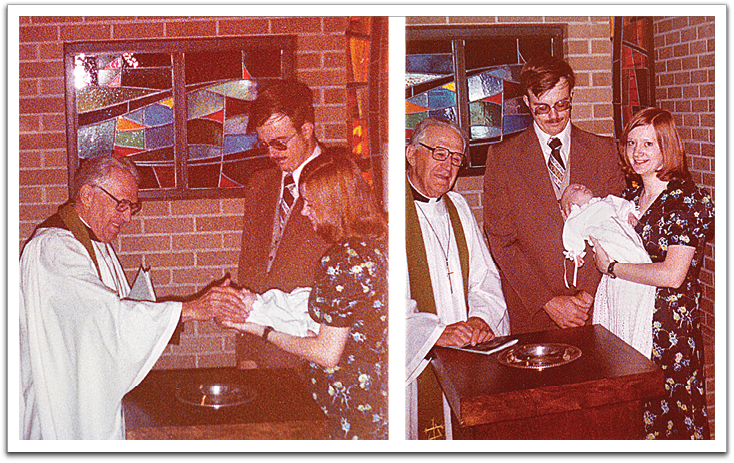 Rev. Waccholz baptizing Kirsten Soneva Flateland at St. Mark's Lutheran Church, Aurora, CO, August 1977.