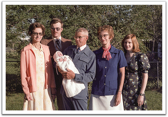Leona, Byron, Kirsten, Oscar, Helen, Jill on the occasion of Kirsten’s baptism, August 1977.