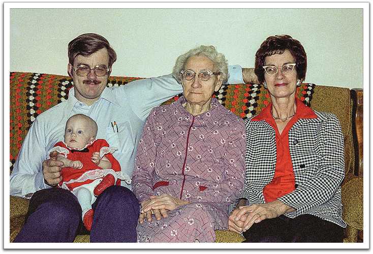 A four-generation picture: Byron, Kirsten, Maggie, Helen, December 1977.