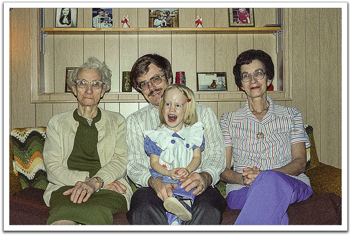 Four generations, L-R: Maggie, Byron, Kirsten, Helen, Christmas, 1979, Oklee.
