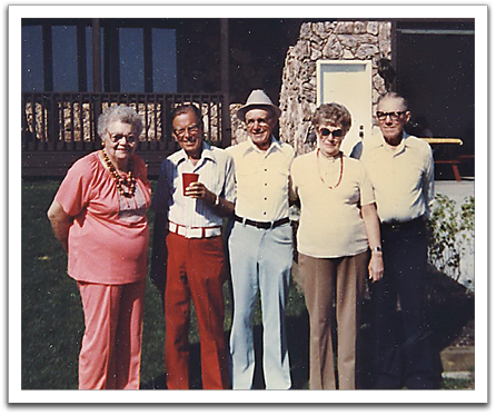 Five of the six Flateland siblings.  L-R: Birdie Gunderson, Ole & Oscar Flateland,  Lola Tinnesand, Knute Flateland. Photo circa 1980  in front of nephew Julian Gunderson's house, rural Oklee.  Brother Ted was still living in Montana at this time.