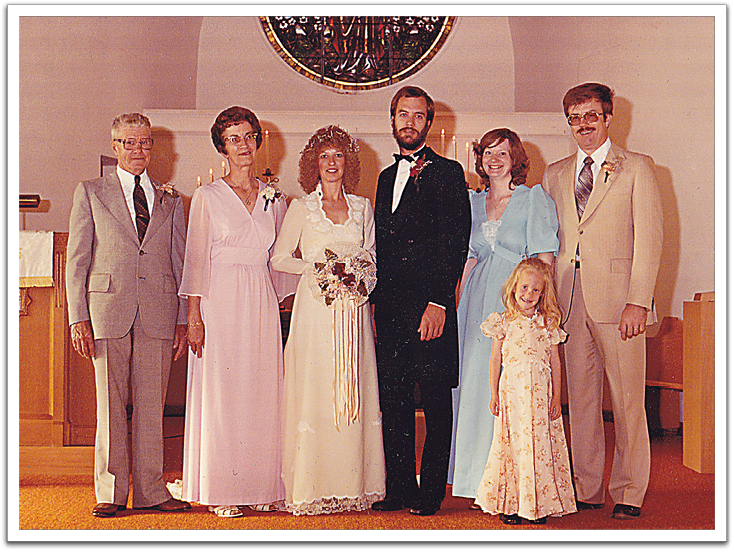 Myles & Bev’s wedding, August, 1982 L-R: Oscar, Helen, Bev, Myles, Jill, Kirsten, Byron.